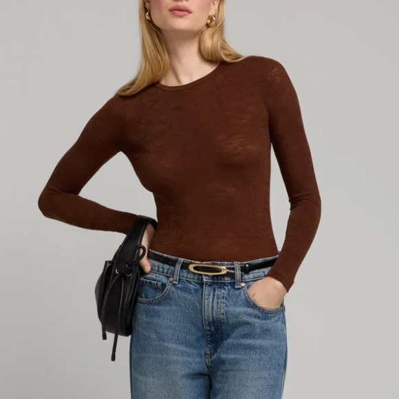 Rodebjer Brown Lace Mesh Top XS SMALL Sheer Bodycon Crewneck Shell Designer $85 - Picture 1 of 9